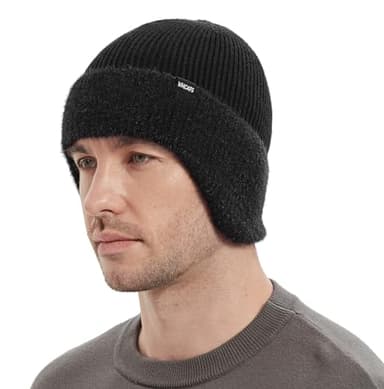 Wmcaps Winter Fleece Line Beanie with Earflap for Men Women, Outdoor Warm Thermal Knitted Hat Stocking Caps (Black)