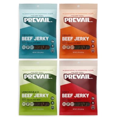 Grass Fed Beef Jerky Variety Pack, by PREVAIL - Low Sodium and Gluten Free! | Umami, Spicy, Lemongrass, and Original - Pack of (4) Bags | | Our Gourmet Jerky is Paleo Certified, Soy Free, Preservative Free, and contains no GMO's!