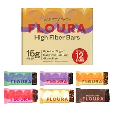 Floura Variety Pack Fruit-Forward Fiber Bars– High Fiber, Vegan, Gluten & Dairy Free, Low Calorie Healthy Snack Bars with Upcycled Produce for Gut Health [12 Pack- 2 of Each Flavor]