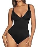 FeelinGirl Shapewear Bodysuits for Women Tummy Control Body Suits Thong Body Shaper Deep V Neck, Black, Medium