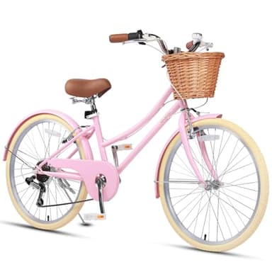 Glerc 26 Inch Beach Cruiser Bike, 6-Speed Hybrid City Bicycle for Girls Youth and Over 6 Years Old, Missy Bike with Wicker Basket & Lightweight, Pink