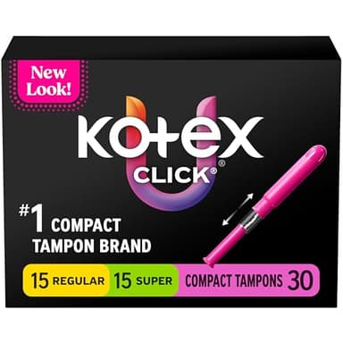 U by Kotex Tampons, Click Compact Multipack, Regular/Super Absorbency, Unscented, 180 Count (6 Packs of 30)