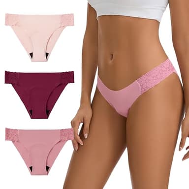 OEIOEI Women's Period Underwear Seamless No Show Invisible Lace Leakproof Menstrual Bikini Panties 3-Pack(Carnation,Medium)
