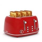 Toaster 4 Slice, Retro Stainless Toaster with 6 Bread Shade Settings,1.5''Wide Slots Toaster with Cancel/Defrost/Reheat Functions,Dual Independent Control Panel, Removal Crumb Tray (Red)