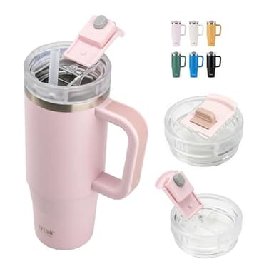 TYESO Vacuum Insulated Tumbler Water Bottle Cold Insulation Stainless Steel Bottle Straw Handle Mug Double Wall Wide Mouth (LIGHT PINK, 30 oz)