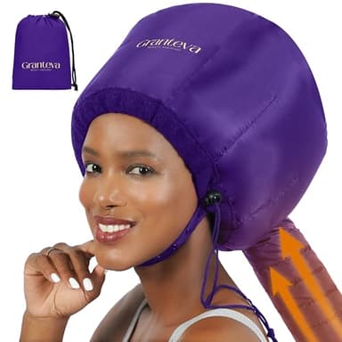 Bonnet Hair Dryer Attachment w/A Headband Integrated That Reduces Heat Around Ears & Neck - Diffuser Cap for Hair Dryer Curly Hair, Speeds Up Drying Time, Deep Conditioning at Home - Large (Purple)