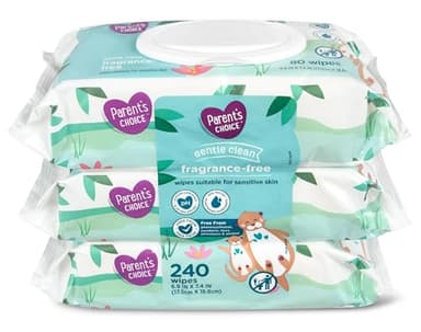 Parent's Choice Gentle Clean Fragrance-free Unscented No Scent Baby Wet Wipes Suitable for Sensitive Skin Infused with Vitamin E and Aloe, 240 Count (Value Pack Includes 3 80-Count Packages) - 1 Pack