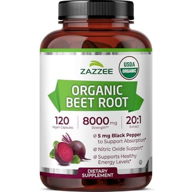Zazzee USDA Organic Beet Root 20:1 Extract, 120 Vegan Quick Release Capsules, 4 Month Supply, Nitric Oxide Support, Black Pepper Extract for Enhanced Absorption, Certified Kosher, Non-GMO, Made in USA