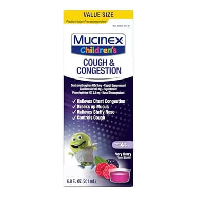 Mucinex Children’s Cough & Congestion, Multi-Symptom Relief, Cough Suppressant, Expectorant, Nasal Decongestant, Very Berry Flavor, 6.8 FL OZ