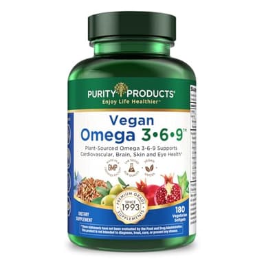Purity Products Vegan Omega 3 6 9 Formula - “5 in 1” Essential Fatty Acid Complex - Scientifically Formulated Plant-Based Vegan Omega 3-6-9 Essential Fatty Acids (EFA) - 3 Month Supply - 180 Softgels