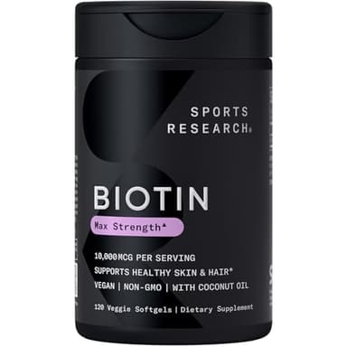 Sports Research® Biotin 10,000mcg with Organic Coconut Oil - Biotin (Vitamin B7) for Healthy Skin and Hair Support* - for Women and Men - Vegan, Non-GMO, Gluten & Soy-Free - 120 Veggie Softgels
