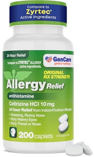 GenCare - Cetirizine HCL 10 mg (200 Caplets) - 24 Hour Allergy Relief Pills - Non Drowsy Generic OTC Allergy Medication - Antihistamine Medicine for Sneezing, Runny Nose & Itchy Eyes - Generic Zyrtec