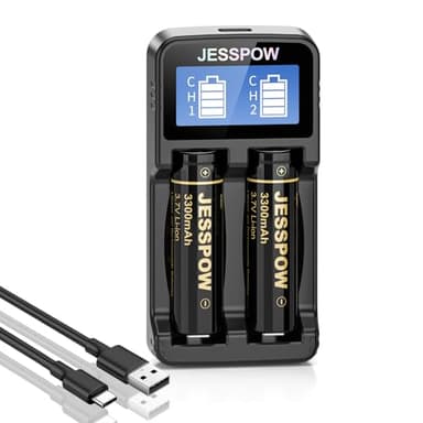 2 Pack Rechargeable Battery with Charger, Universal Charger for 3.7V Rechargeable Batteries 18500 18650 (Flat Top Type)