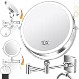 360° Rotation Adjustable 10x Large Wall Mounted Makeup Mirrror, Height Adjustable Lighted Mirror, 8" Double Sided Mirror, 1X/10X Magnifying Bathroom Mirror, Detachable Ring, 3 Color Lights
