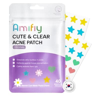 Amifiy Star Pimple Patches For Face, Korean Cute Pimple Patch with Star/Heart/Flower Shapes,Acne Treatment Absorbs Zits, Reduces Redness with Hydrocolloid & Tea Tree, Vegan, 40 Count