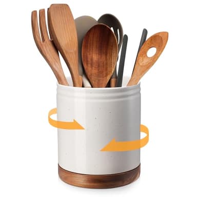 DOWAN 7.6" 360° Rotating Utensil Holder, Kitchen Utensil Holder for Countertop,Large Ceramic Utensil Crock for Kitchen Decor, Protection Cork Bottom, Speck White