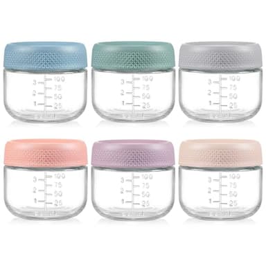 NETANY 6 Pack 4 oz Glass Baby jars with Airtight Lids, Glass Baby Food Storage Containers,Overnight Oats Containers with Lids | Microwave, Dishwasher & Freezer Safe | Includes 10 Labels