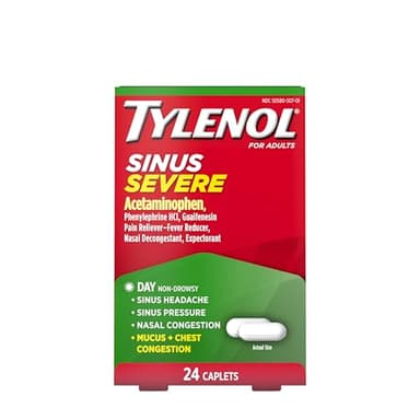 Tylenol Sinus Severe Daytime Cold & Flu Relief Medicine Caplets, Non-Drowsy Pain Reliever, Fever Reducer Expectorant & Decongestant, Acetaminophen, Guaifenesin & Phenylephrine HCl, 24 ct