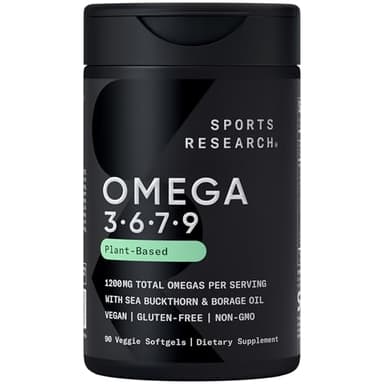 Sports Research® Vegan Omega 3-6-7-9 - 1200 mg of Multi-Spectrum Omega Fatty Acids Certified Non-GMO Formula with Sea Buckthorn & Borage Oil - 90 Veggie Softgels