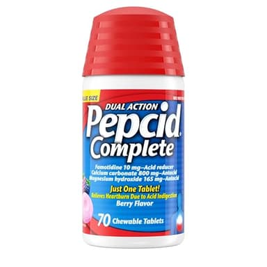 Pepcid Complete Acid Reducer + Antacid Chewables, 10mg Famotidine, 800mg Calcium Carbonate & 165mg Magnesium Hydroxide per Heartburn Medicine Tablet, Antacid Chews, Berry Flavored, 70 ct