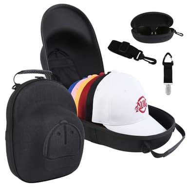 Anguu Hat Travel Case, Hard Hat Carrier Organizer with Clip & Glasses Storage, Holds 6 Baseball Caps for Home/Travel - Black
