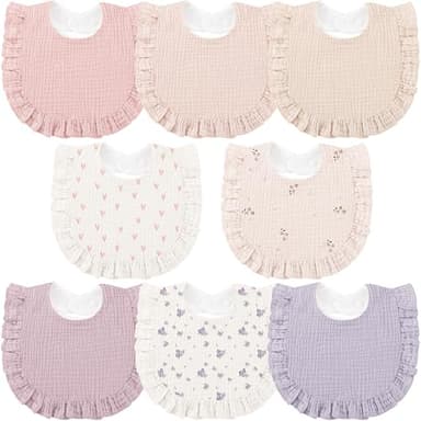 Bearmoss 8 Pack Muslin Baby Bibs for Drooling and Teething, Soft Bibs for Girls, Boys, Newborn (Pink Purple)