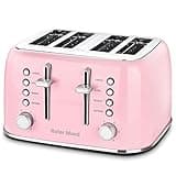 Roter Mond Toaster 4 Slice Retro Stainless Steel with Extra Wide Slots Bagel, Defrost, Reheat Function, Dual Independent Control Panel, Removable Crumb Tray, 6 Browning Levels, Pink