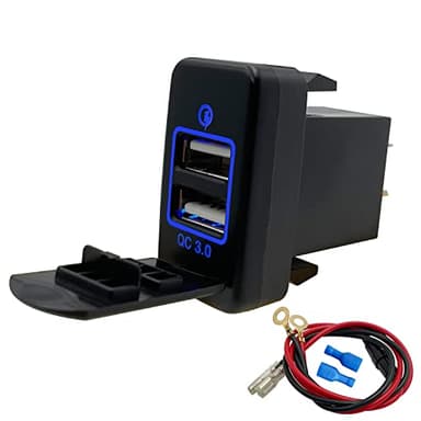 Blue Led Dual USB Port Charger Socket with Cable for Toyota FJ Cruiser Prado Landcruiser Tacoma 4Runner Quick Charge 3.0 Waterproof Cover (40mm x 22mm)