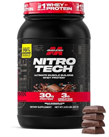 Muscletech Whey Protein Powder (Milk Chocolate, 2 Pound) - Nitro-Tech Ultimate Muscle Building Formula with Whey Protein Isolate - 30g of Protein, 3g of Creatine & 6.8g of BCAA - Packaging May Vary
