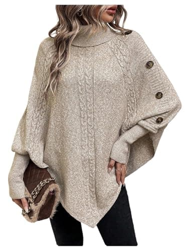 MakeMeChic Women's Poncho Sweater Oversized Asymmetrical Turtleneck Pullover Sweater Button Long Sleeve Pullover Tops Apricot Large