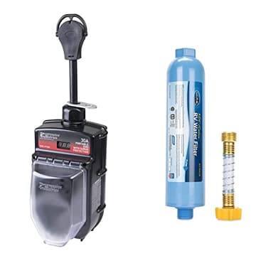 Progressive Industries RV Surge Protector 30 Amp with Electrical Management System, Portable, EMS-PT30X & Camco TastePURE RV/Marine Water Filter | Features Flexible Hose Protector(40043)