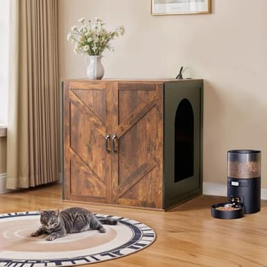 Large Cat Litter Enclosure with Charger, Automatic Enclosure for self-Cleaning Litter Boxes 3/4, Farmhouse Litter Box Cabinet Cat House with DIY Removable Doors, Rustic Brown