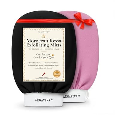 Argaviva Moroccan Exfoliating Glove for Shower - Kessa Hammam Body Scrub Gloves, Exfoliating Mitt, Bath Mitt - Couple's Spa Set, 2 Pack His and Hers, Pink and Black