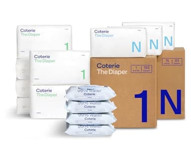 Coterie Baby Wipes + Diapers Kit, Size 1 (198 Count) & Size Newborn Diapers (93 Count), 4 Pack (224) Wipes with 99% Water, Plant Based Materials, Hypoallergenic for Sensitive Skin, Baby Essentials