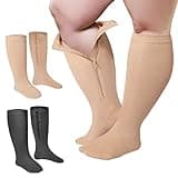 2 Pair Wide Plus Size Calf Compression Socks with Zipper for Overweight Women Men 15 to 25 MmHg (Black, Beige, X-Large)