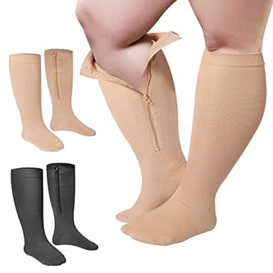 Hillban 2 Pair 15 - 25 Mmhg Wide Plus Size Calf Zipper Compression Socks for Women Men(4x-large,Black, Beige)