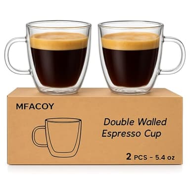 Mfacoy Glass Double Wall Insulated Espresso Cups (Set of 2), 5.4 oz Shots Cup with Handle, Insulated Glasses Mugs, Small Coffee Cups, Shot Glass