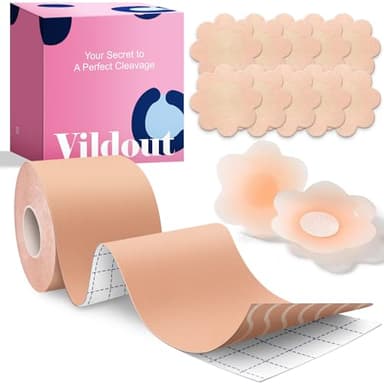 Vildout Boob Tape Kit - Boobtape for Breast Lift with Petals and Covers, Breathable Sticky Adhesive Bra Tape, Push Up Boobytape for Large Breasts A-G Cup Beige