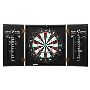 Viper Hideaway Dartboard Cabinet Set with Steel-Tip Dart Board, Reversible Board with Baseball Game Option, Two Sets of Darts, Chalk Scoreboards, and Matte Black Finish