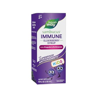 Nature's Way Sambucus Elderberry Immune Syrup for Kids Ages 2+, with Echinacea & Propolis, with Superfood Antioxidants(1), Immune Support Syrup*, Berry Flavored, 4 Fl Oz (Packaging May Vary)