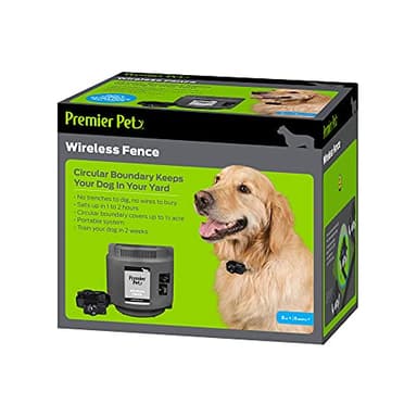 Premier Pet Wireless Dog Fence System - Adjustable Circular Boundary Up to ½ Acre - Waterproof Collar with Tone & 5 Static Levels - No Digging - Expandable to Include Multiple Dogs