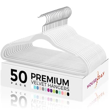HOUSE DAY Premium Velvet Hangers 50 Pack, Non-Slip Flocked Felt Hangers, Sturdy Clothes Hangers with 360° Rotatable Hook, Heavy Duty Coat Hanger, Durable Slim White Hanger for Closet Space Saving