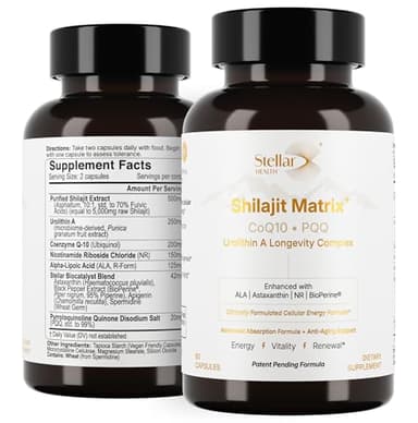 Stellar Health Clinical Mitochondrial Complex - Shilajit 5787mg Extract Equivalent NAD+ Boost - Ubiquinol CoQ10, Urolithin A, NR, PQQ, ALA, Astaxanthin - Energy, Focus, Strength - 60 Vegan Capsules