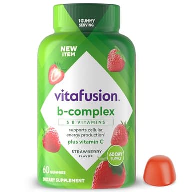 vitafusion B-Complex Gummy Dietary Supplements, with 5 B Vitamins to Support Cellular Energy Production (1), Plus Vitamin C, Strawberry Flavor, 60 Count