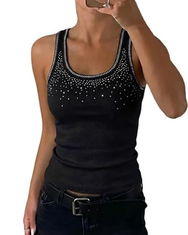 CHICME Womens Sleeveless U Neck Tank Top Rhinestone Ribbed Fitted Shirts Cute Summer Going Out Clothes 2026-bk-M A-Black