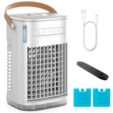 Mini Evaporative Air Cooler w/Remote, Portable Desktop Air Cooler For USB Charging, 7H Auto-off & 3 Speeds, 1.2L Water Tank & 2 Ice Packs, Personal Cooling Fan For Table,HomeOffice,Camping, Off White