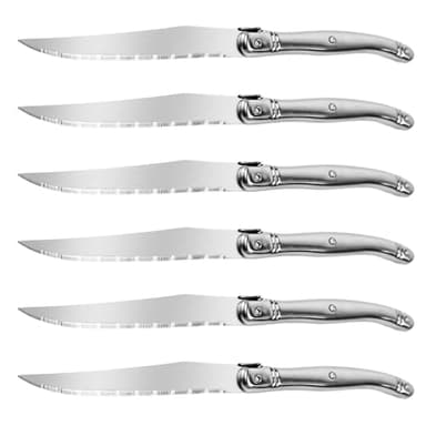 FSYGloryGlides Laguiole Style Steak Knives Set of 6, Serrated Stainless Steel Steak Knife Set, Elegant French Design, Dishwasher Safe, Gift Box for Dinner & BBQ (sliver-6)