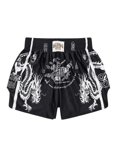 BEAUDRM Men's Muay Thai Shorts Graphic Elastic Waist Kickboxing Baggy Sport Shorts Black Large