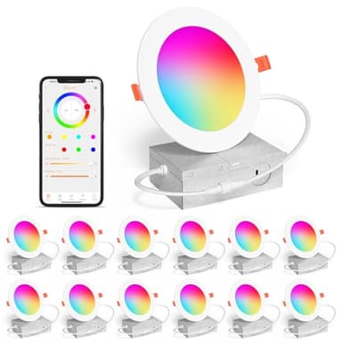 SikSog Smart Recessed Lighting 4 Inch RGBCW Color Changing 12W LED Downlight with Junction Box,1080 Lumen Recessed Ceiling Light Compatible with Alexa,Dimmable by Bluetooth Control -12Pack