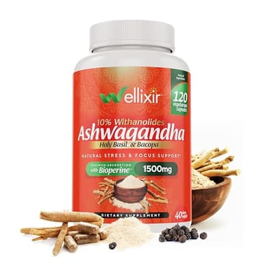 WELLIXIR Ashwagandha Capsules - 10% Withanolides, Root Powder Extract, Herbal Supplement to Help Support a Natural Stress Relief, Sleep, Focus - 1500mg, for Men and Women -120 Count